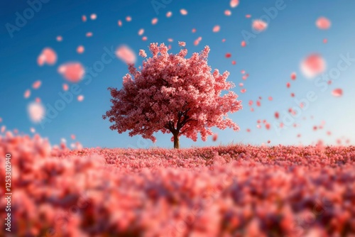 Spring Cherry Blossom Tree, Pink Petals Falling, Beautiful Nature Scene photo