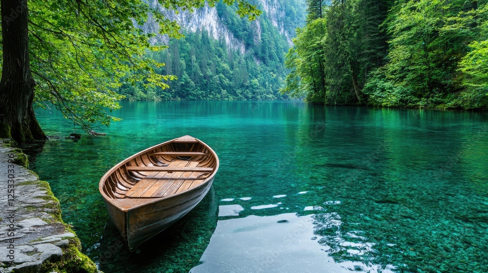 Serene lake scene with wooden boat, lush trees, and mountains. Ideal for peaceful vacations or relaxation Serene lake scene with wooden boat, lush trees, and mountains. Ideal for peaceful vacations or relaxation