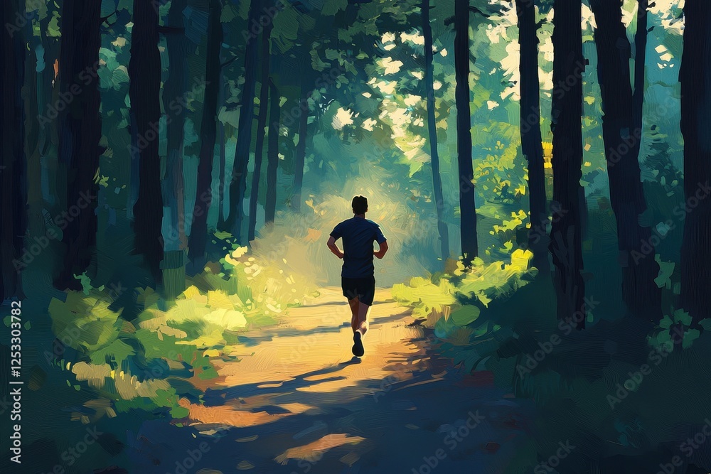Runner in a Lush Forest Path Surrounded by Morning Light Runner in a Lush Forest Path Surrounded by Morning Light