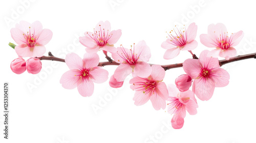 Pink cherry blossom branch on white or transparent background. Spring season, floral beauty, nature, and delicate blossom concept for design, decor, or greeting cards