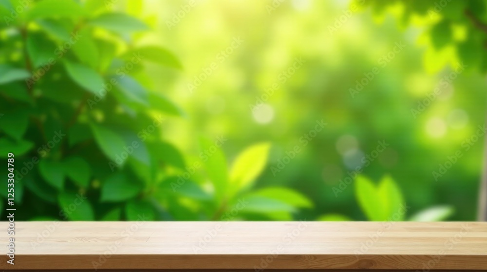 Serene Wooden Tabletop Display Against a Soft Focus Lush Green Foliage Background Ideal for Product Placement and Nature-Themed Designs Serene Wooden Tabletop Display Against a Soft Focus Lush Green Foliage Background Ideal for Product Placement and Nature-Themed Designs