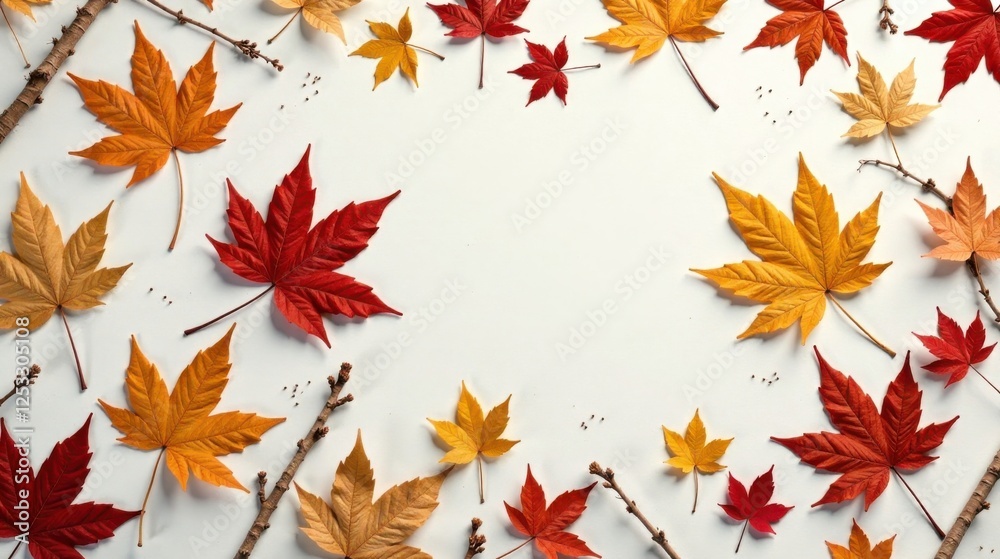 Autumnal foliage arrangement featuring vibrant red and gold leaves, elegantly scattered on a pristine white background, creating a captivating seasonal composition. Autumnal foliage arrangement featuring vibrant red and gold leaves, elegantly scattered on a pristine white background, creating a captivating seasonal composition.