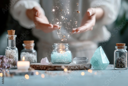 Glowing herbal infusions sit amidst healing crystals as hands hover above, representing energy medicine and vibrational healing in a tranquil setting photo