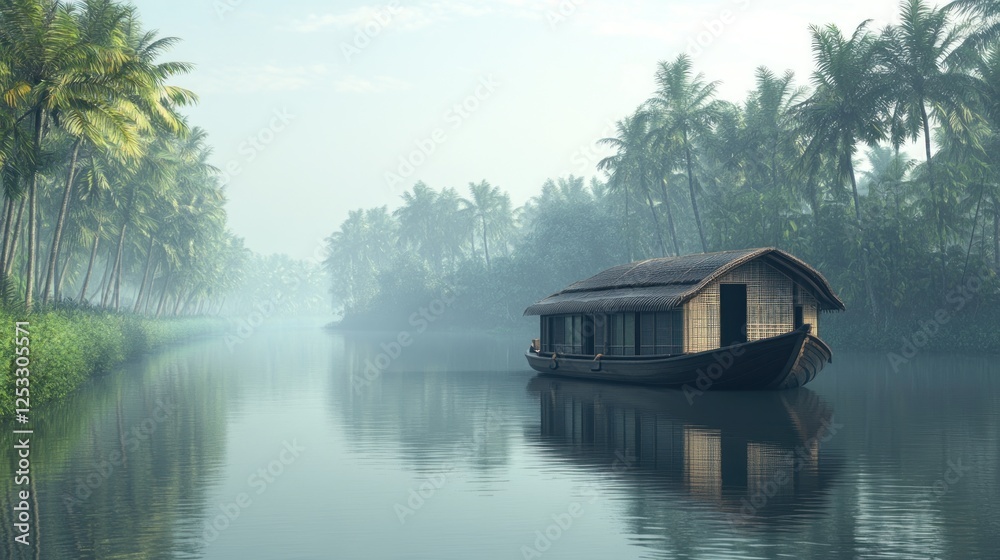 Fototapeta premium Peaceful canal view with houseboats, surrounded by lush greenery