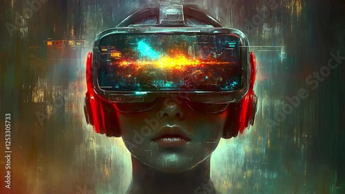Woman wearing a glowing VR headset with cosmic visuals and futuristic design in a digital atmosphere. Seamless looping time-lapse animation video background  

