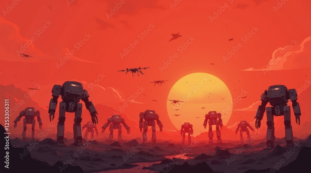 Fototapeta premium Futuristic Mech and Drone Warfare Under a Red Sky