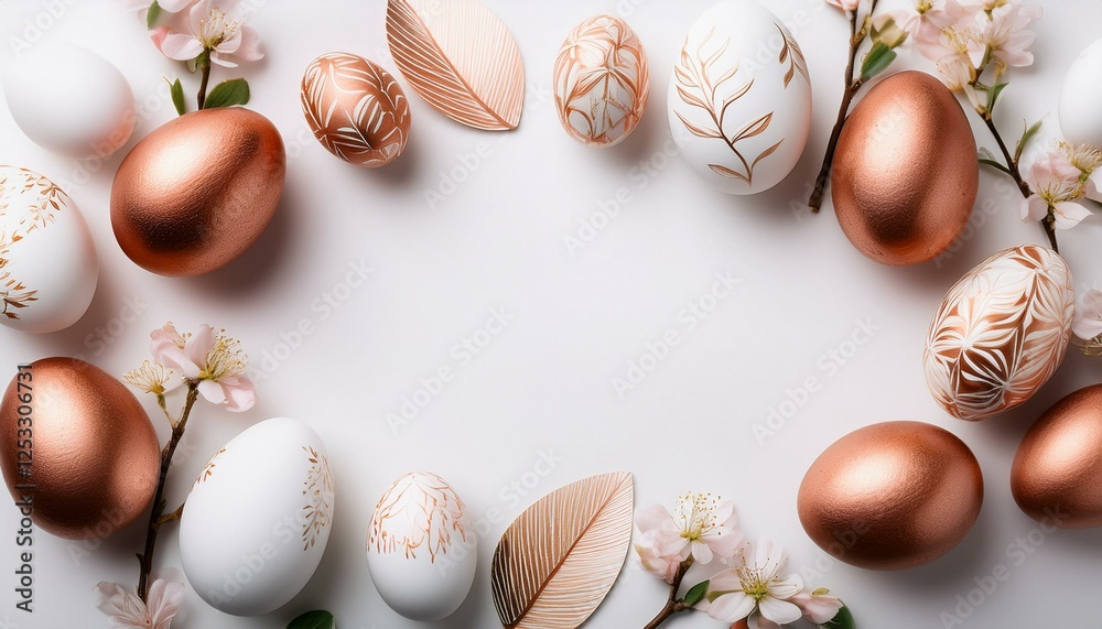 Easter concept. White and copper Easter eggs on white backgroun with central copy space. Generated image Easter concept. White and copper Easter eggs on white backgroun with central copy space. Generated image