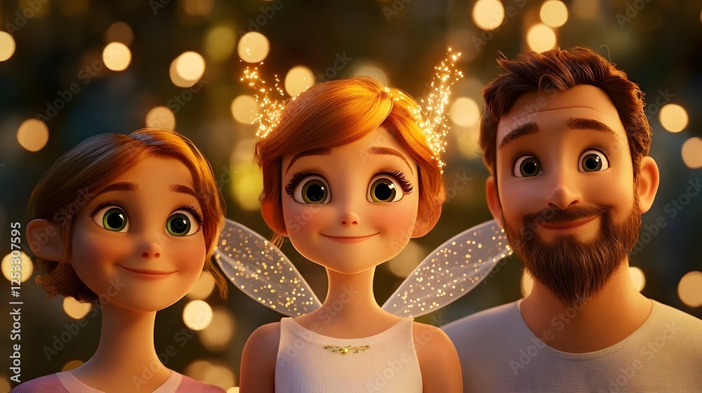 Tooth Fairy Family Watching Magical Fairy Fly Off in Glowing Ambiance 3D Tooth Fairy Family Watching Magical Fairy Fly Off in Glowing Ambiance 3D
