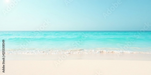 Serene Coastal Vista Tranquil Ocean Waves Gently Kissing a Pristine Sandy Shore Under a Bright Sunny Sky