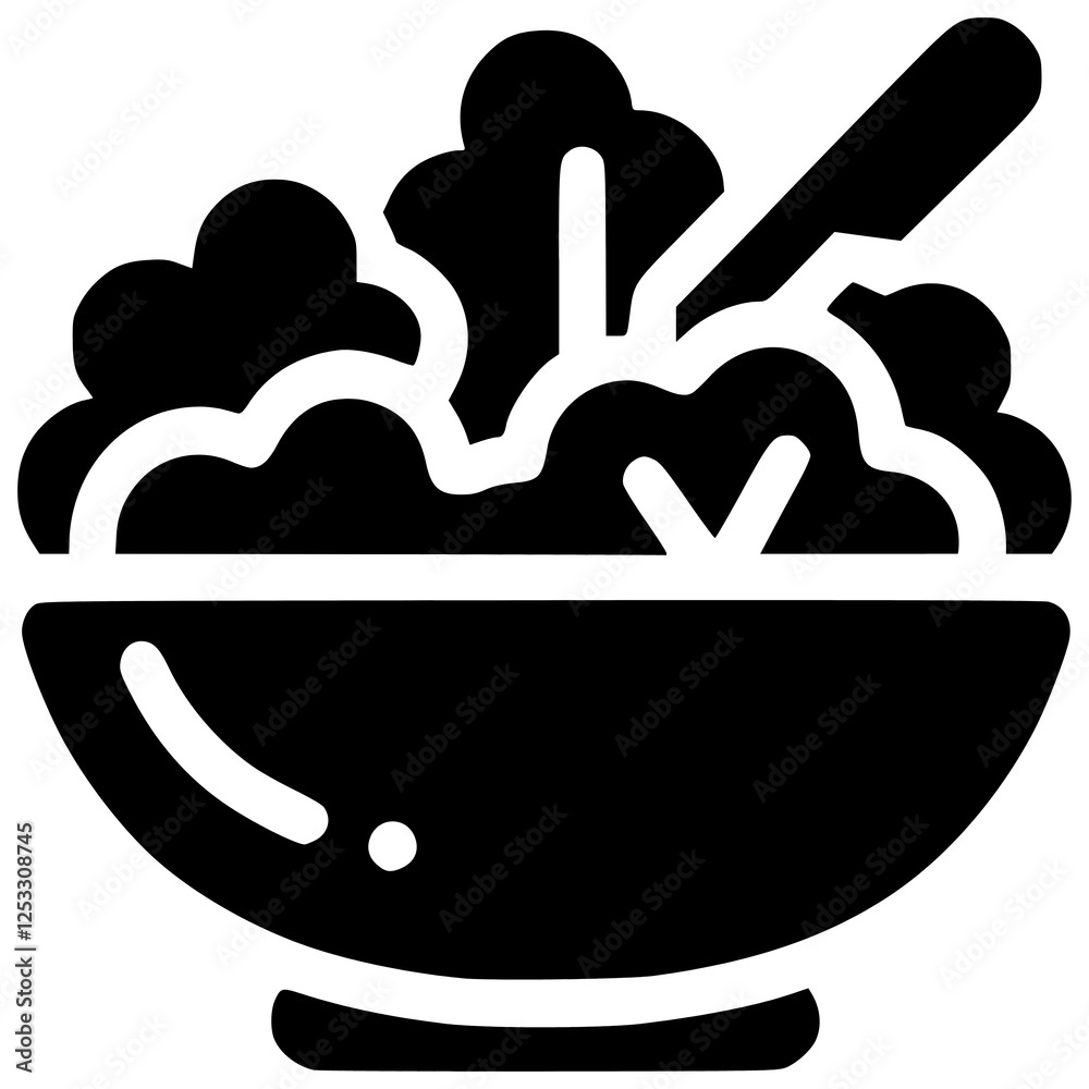 Salad Icon: A simple yet impactful black and white icon depicting a bowl of fresh salad with a fork. Ideal for representing healthy eating, dieting, or restaurant menus. Salad Icon: A simple yet impactful black and white icon depicting a bowl of fresh salad with a fork. Ideal for representing healthy eating, dieting, or restaurant menus.