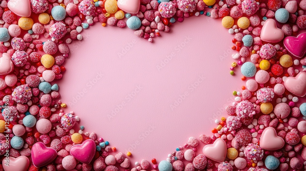 Obraz premium A heart-shaped frame made of colorful candies and sprinkles on a pink background, perfect for celebrating love and sweetness.