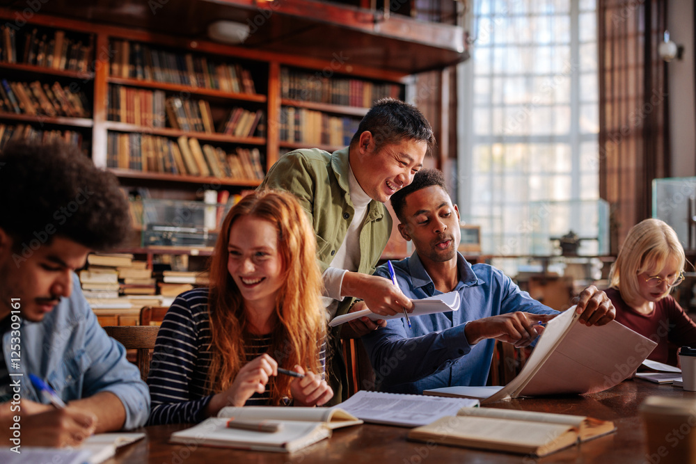 Joyful students study together in library. Joyful students study together in library.