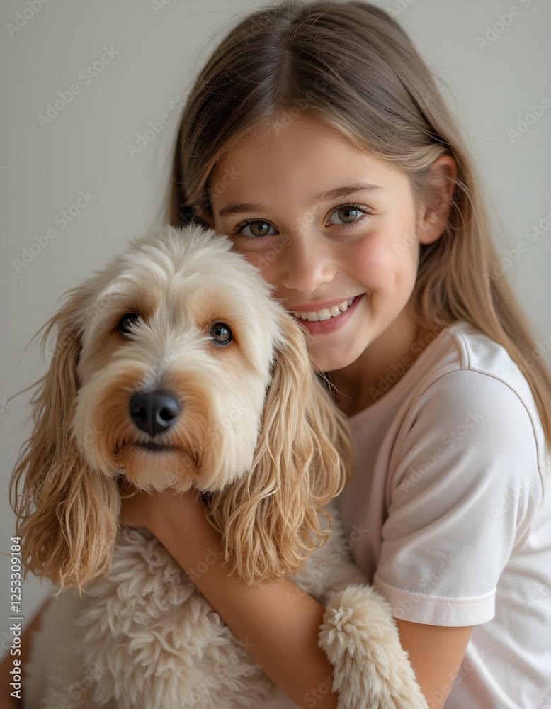 Portrait of a happy young girl wraps her arms around a cute dog, emphasizing the bond between children and pets. Portrait of a happy young girl wraps her arms around a cute dog, emphasizing the bond between children and pets.