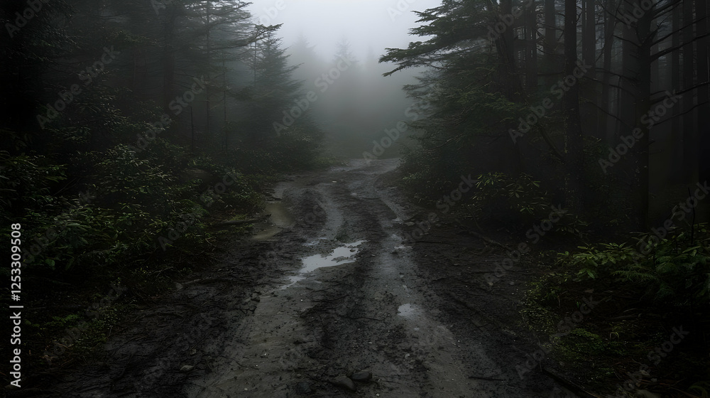 Obraz premium Foggy mountain road, muddy puddles, dark forest. Travel background