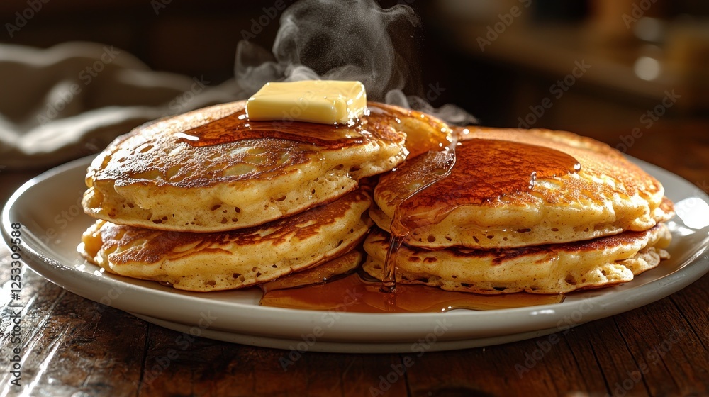 Steaming pancakes with butter & syrup on plate, rustic table Steaming pancakes with butter & syrup on plate, rustic table