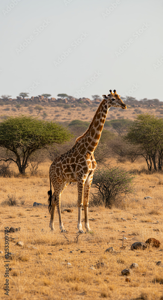 Obraz premium Majestic Giraffe in African Savannah: A Wildlife Portrait of Nature's Tallest Marvel!