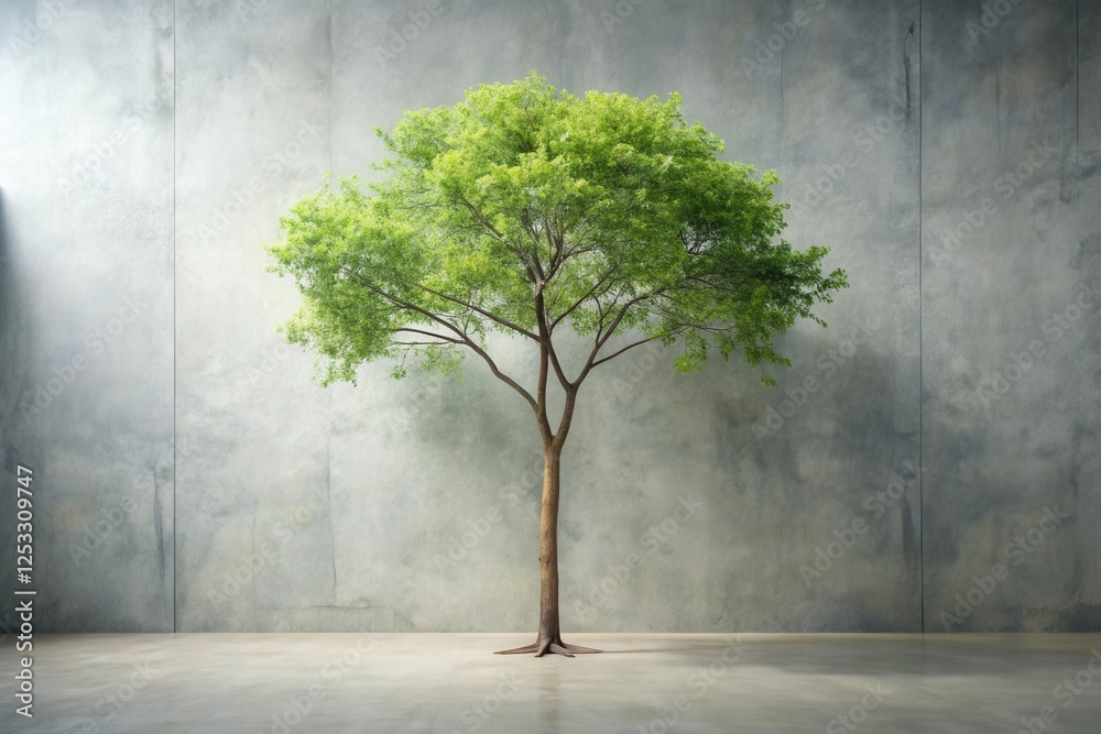 Obraz premium A solitary tree stands tall against a textured concrete wall, a serene image evoking contemplation and the resilience of nature