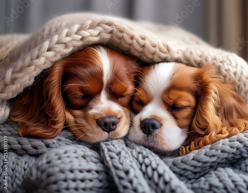 two cavalier king charles spaniels sleep soundly nestled together under warm beige and gray knit blankets