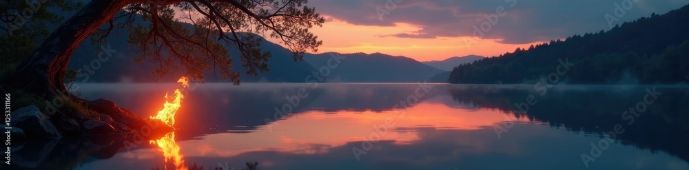 Flickering flame submerged in a serene lake at dusk, water, tree Flickering flame submerged in a serene lake at dusk, water, tree