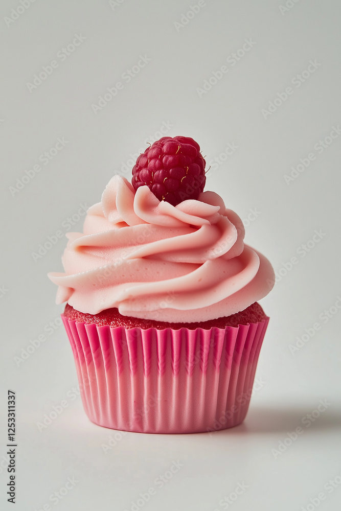 A pink cupcake with pink frosting and a raspberry on top, isolated on a white background A pink cupcake with pink frosting and a raspberry on top, isolated on a white background