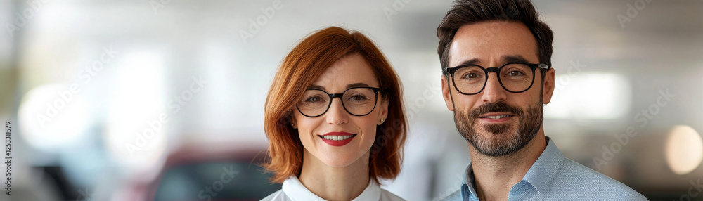 Confident couple smiling together in modern office setting, showcasing teamwork and professionalism Confident couple smiling together in modern office setting, showcasing teamwork and professionalism