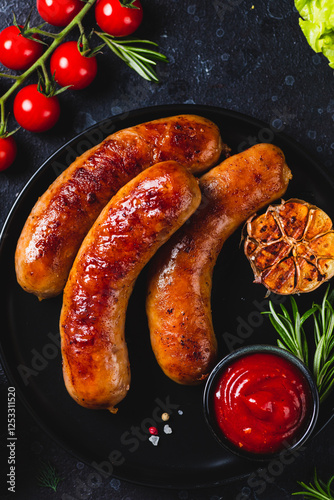 Fried sausages with vegetables and garlic