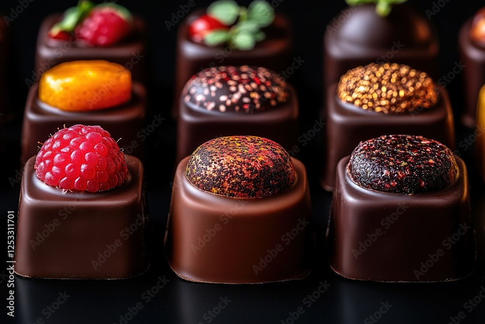 Assorted gourmet chocolates presented in an elegant artistic arrangement Each piece is a miniature work of culinary art Assorted gourmet chocolates presented in an elegant artistic arrangement Each piece is a miniature work of culinary art