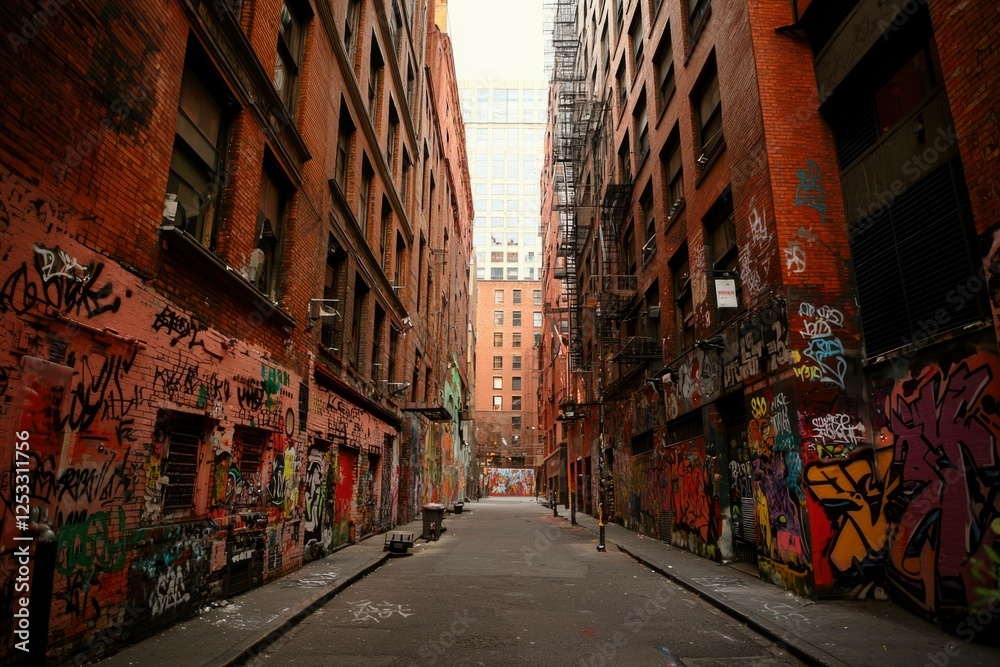 Naklejka premium Graffiti-covered alleyway in a city