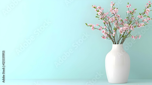 Wallpaper Mural Pink blossoms in white vase against blue wall. Spring interior design, home decor Torontodigital.ca