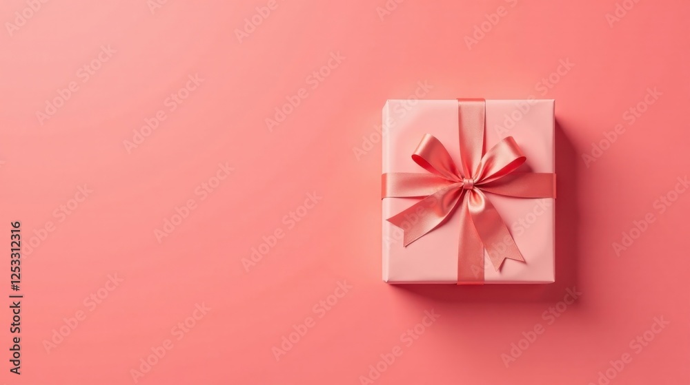 A delicately wrapped pink gift box with a coral ribbon bow, presented on a matching coral background, offering a space for your message or design A delicately wrapped pink gift box with a coral ribbon bow, presented on a matching coral background, offering a space for your message or design