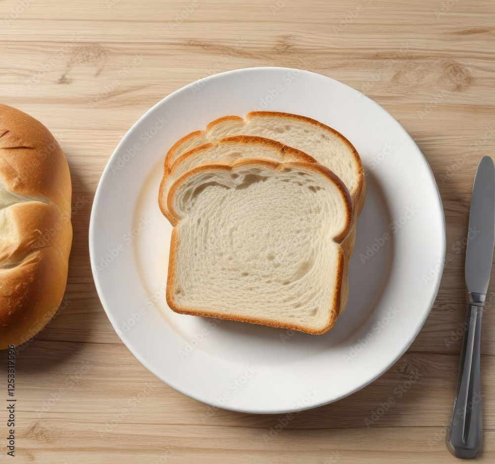 High angle view of white bread slices on a white plate, natural wood table, healthy lifestyle, high angle view, whole wheat High angle view of white bread slices on a white plate, natural wood table, healthy lifestyle, high angle view, whole wheat