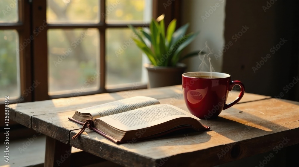 A peaceful morning scene sunlight streams through a window, illuminating an open book and a warm mug of coffee resting on a rustic wooden table A peaceful morning scene sunlight streams through a window, illuminating an open book and a warm mug of coffee resting on a rustic wooden table