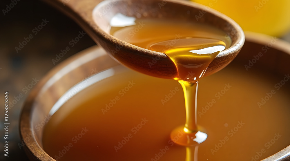 Golden honey drips from a wooden spoon into a shallow bowl, showcasing its rich texture and color in a warm, inviting setting Golden honey drips from a wooden spoon into a shallow bowl, showcasing its rich texture and color in a warm, inviting setting