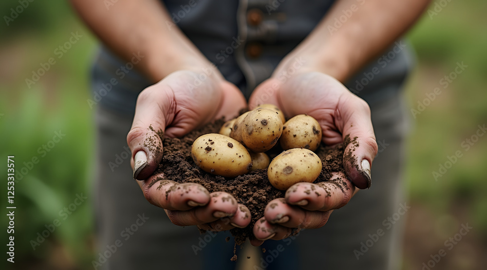 A person with light skin and short hair holds freshly harvested potatoes in hands covered with soil, showcasing the connection with nature and the joy of farming A person with light skin and short hair holds freshly harvested potatoes in hands covered with soil, showcasing the connection with nature and the joy of farming
