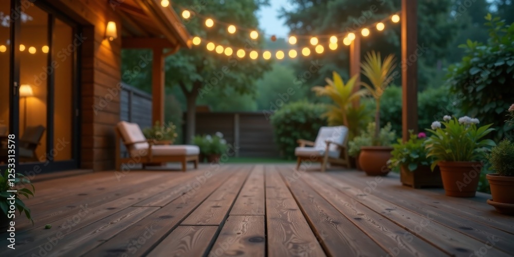 Obraz premium Serene Evening on a Wooden Deck with String Lights and Lush Greenery