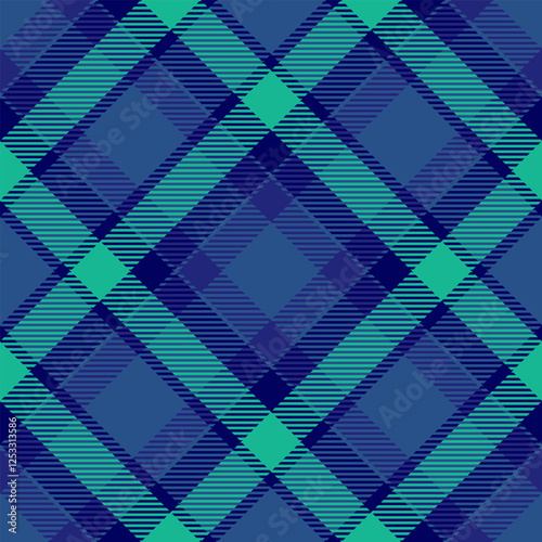 Striking diagonal plaid pattern in teal and navy.  Perfect for textile design, fashion, or website backgrounds.  Seamless repeat for versatile use in various projects.