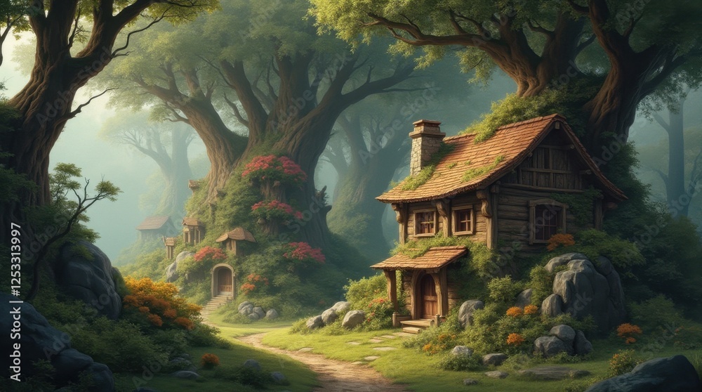 Fototapeta premium Fantasy Village in Giant Tree Branches
