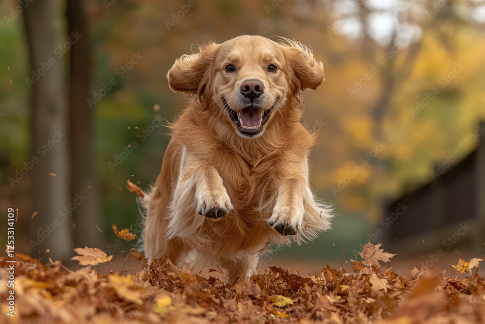 Golden Retriever Dog Leaping Through Autumn Leaves