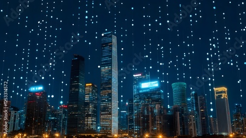 Futuristic Skyline at Night with Neon Lights and Holographic Advertisements photo