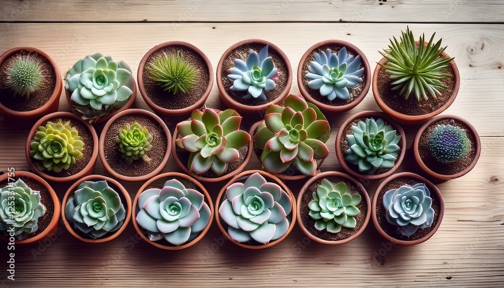 Fototapeta premium beautiful succulent plants arranged in small pots on a wooden surface