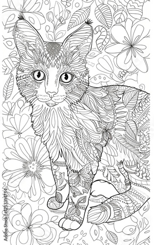 Wallpaper Mural Fluffy Kitten in Bloom Detailed Coloring Sheet. Enchanting Cat with Botanical Elements Intricate Line Art. Сoloring page Art Relaxation antistress Torontodigital.ca