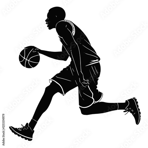 Silhouette of a basketball player dribbling the ball during a fast break