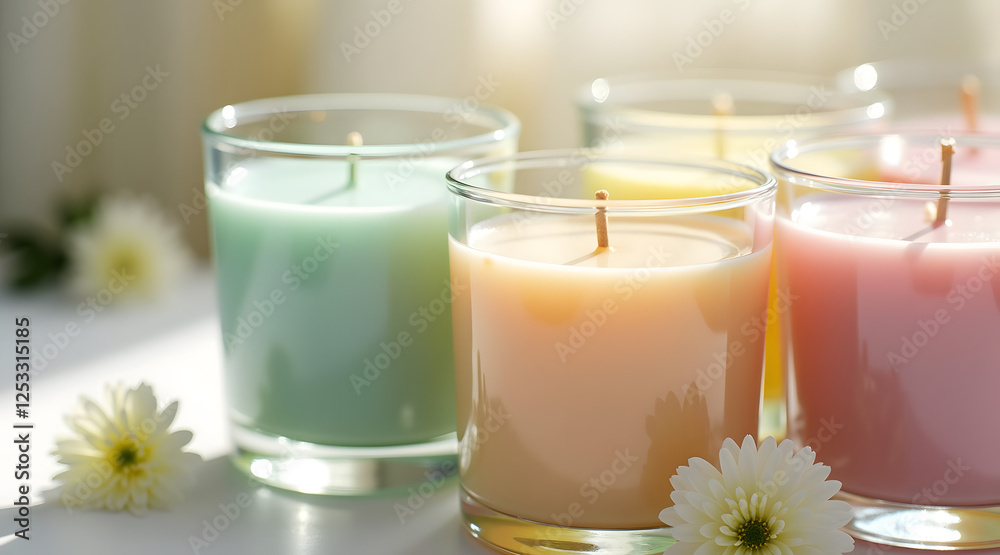 Colorful candles arranged with soft light creating a serene atmosphere, complemented by delicate flowers for a calming effect Colorful candles arranged with soft light creating a serene atmosphere, complemented by delicate flowers for a calming effect
