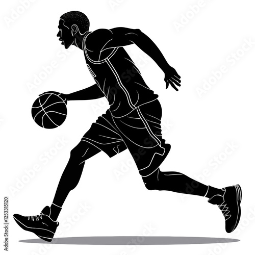 Silhouette of a basketball player dribbling the ball during a fast break