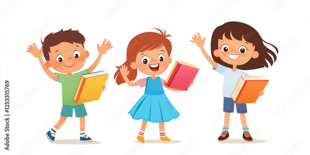 Joyful Scholars: Happy Kids Waving and Celebrating with Books Joyful Scholars: Happy Kids Waving and Celebrating with Books