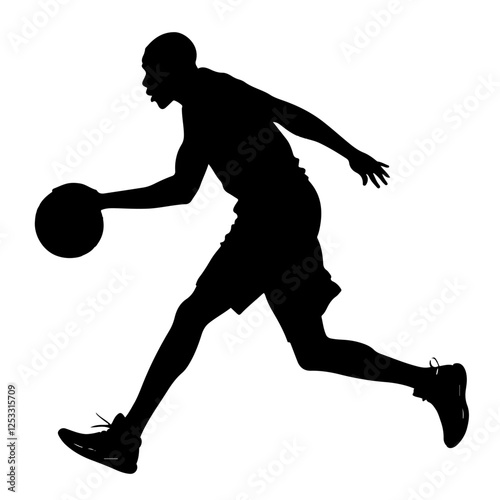 Silhouette of a basketball player dribbling the ball during a fast break