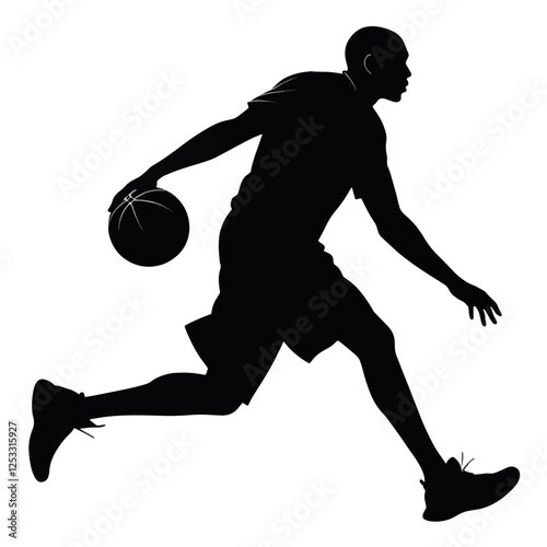 Silhouette of a basketball player dribbling the ball while running