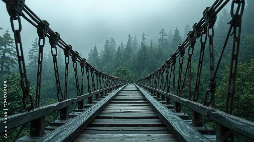 Iron and wooden details of an ancient bridge set against the backdrop of a misty forest, forest, bridge Iron and wooden details of an ancient bridge set against the backdrop of a misty forest, forest, bridge