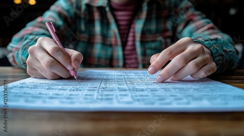 Person solving crossword puzzle in cafe photo