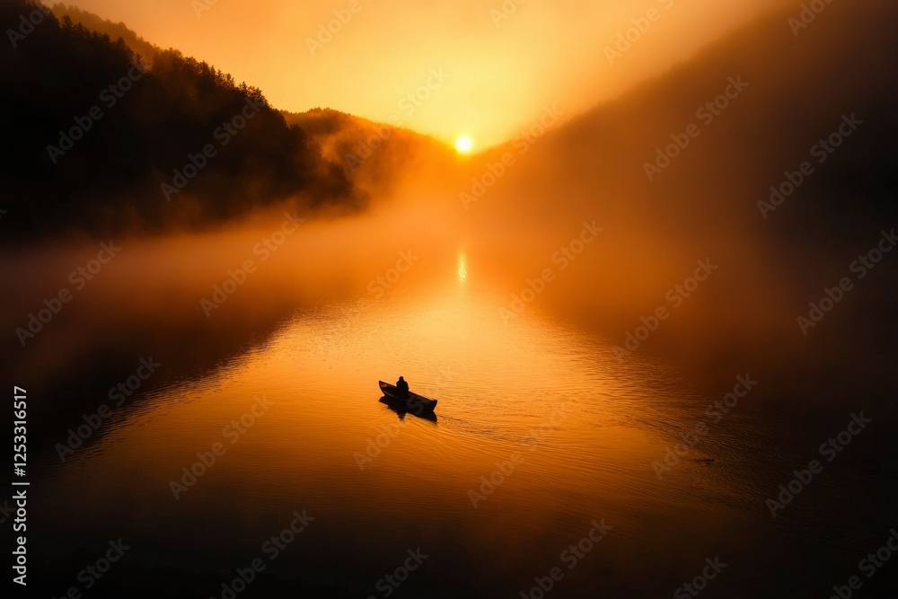 Sunrise over misty lake, lone boat, tranquil scene Sunrise over misty lake, lone boat, tranquil scene
